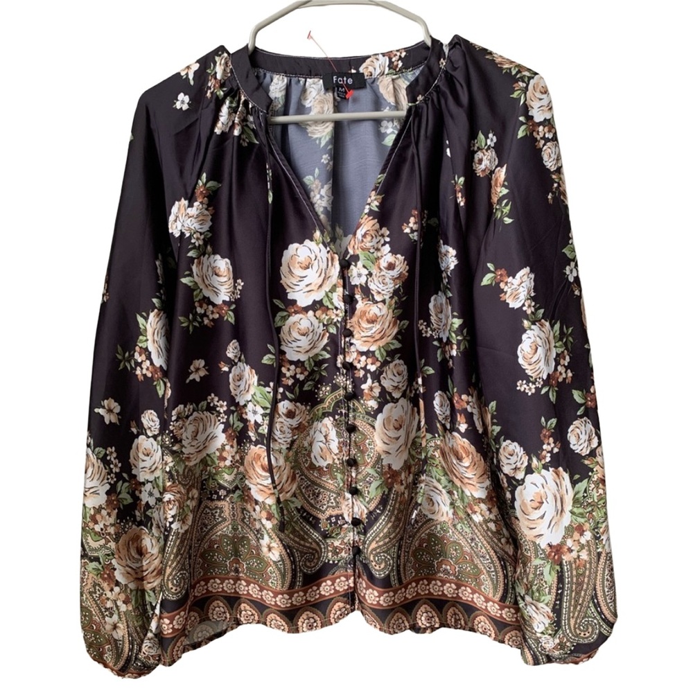 FATE Women’s Black w/ Ivory Brown Green Floral Blouse